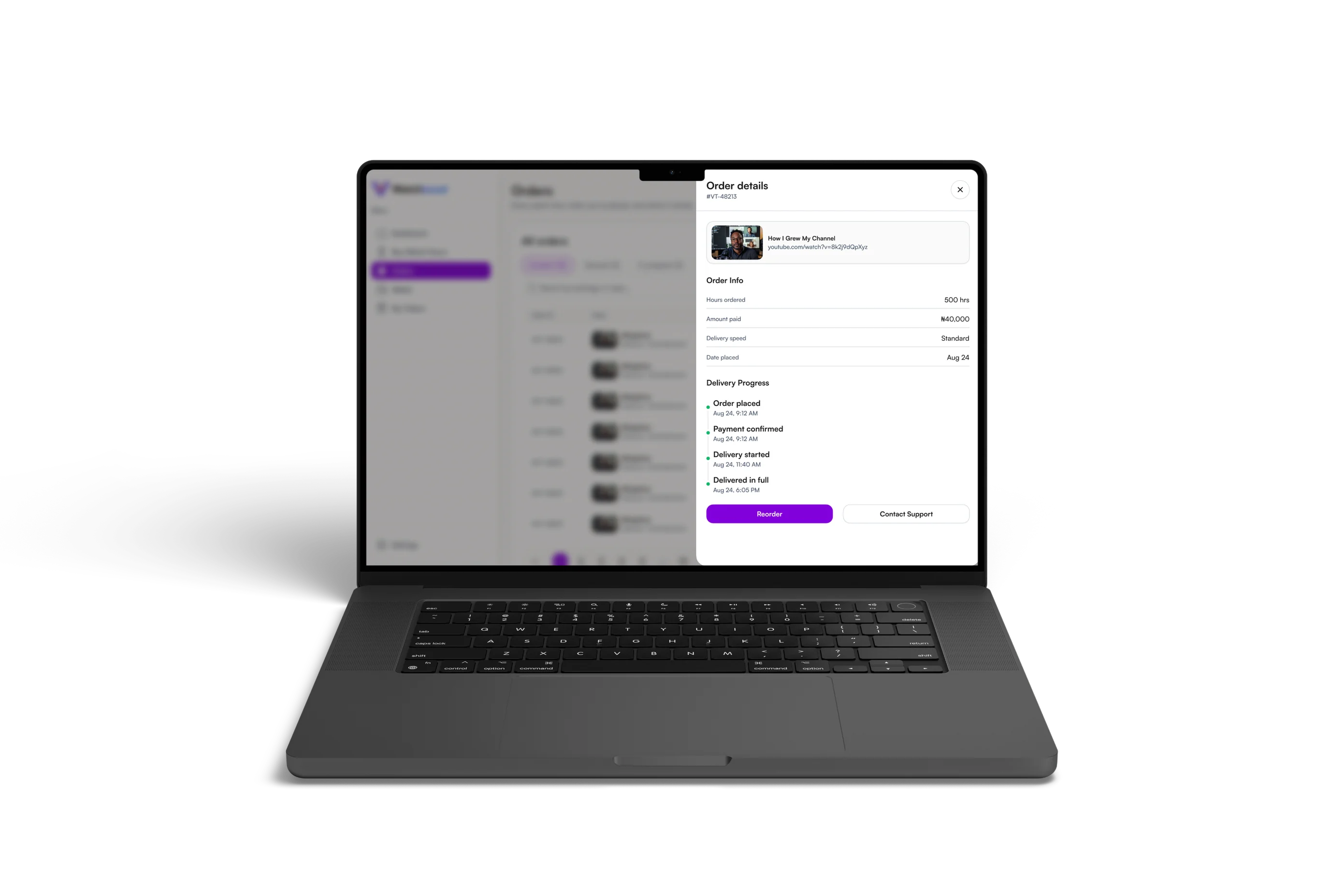 Watchboost order details showing delivery progress